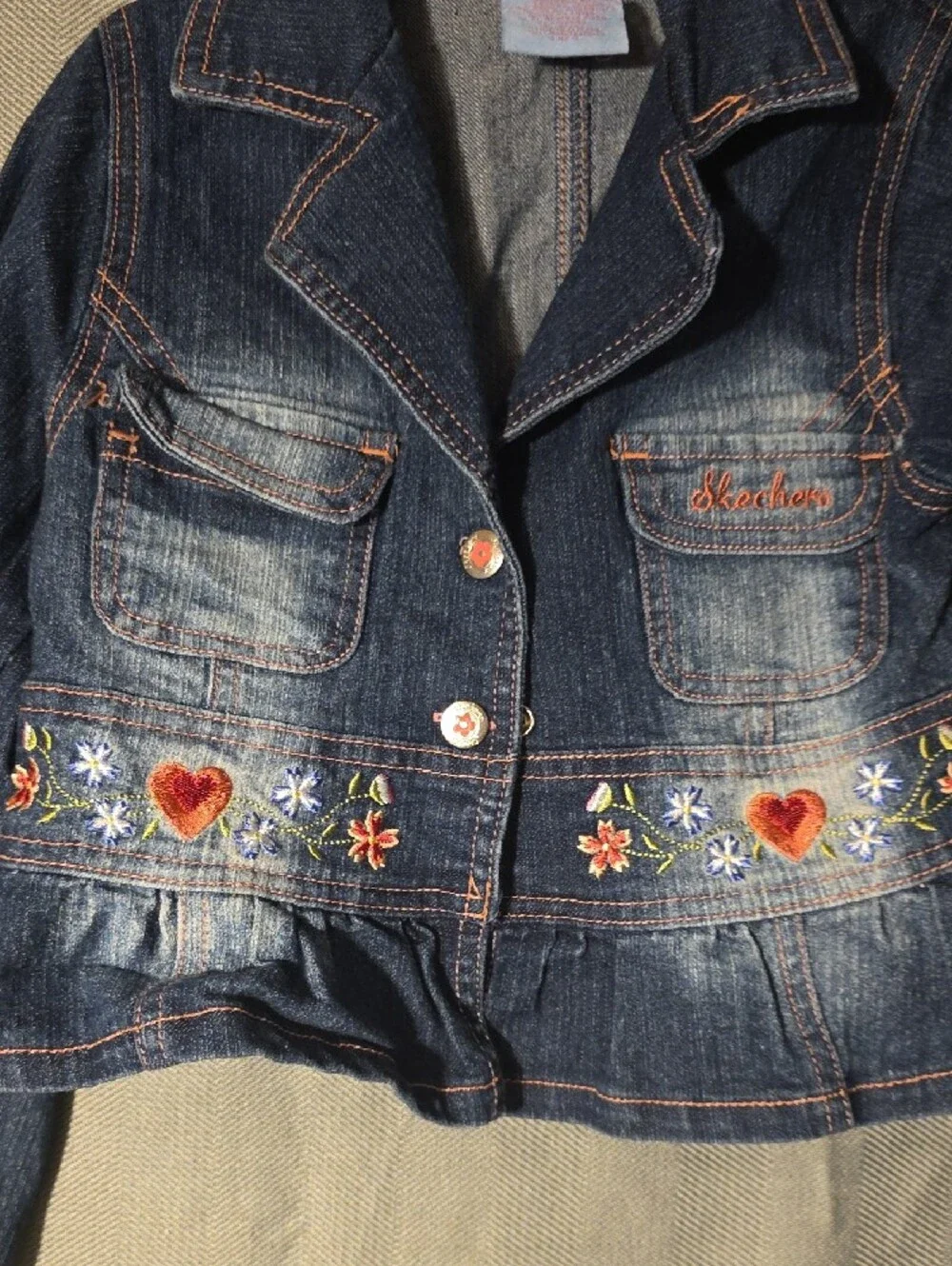Skechers Dark Blue Denim Jacket with Embroidered Hearts